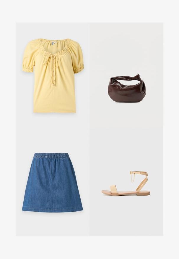 Lysegul bluse med korte ærmer, opsamlet halsudskæring, knapper foran og lille bindedetalje på brystet.; Blå denim A-line nederdel med elastisk talje og synlige syninger langs kanten og taljen, vist på hvid baggrund.; Beige flad sandal med en enkelt bred rem, ankelrem med spænde og dekorativ kæde detalje. Glat læderlignende tekstur og flad sål.; Mørkebrun læder skuldertaske med en blød, afslappet form og et snoet knudehåndtag på en ensartet hvid baggrund.
