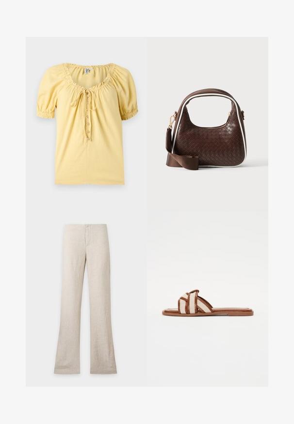 Blouse jaune pâle à manches courtes avec encolure froncée, boutonnage devant et petit détail nœud sur la poitrine.; Pantalon en lin beige à jambe droite et fermeture avant dissimulée, présenté à plat sur un fond clair uni. Pas de poches ni de détails visibles.; Sandales plates brunes avec de larges sangles en tissu tressé, dotées d'une semelle synthétique lisse et d'un design minimaliste.; Sac à main en cuir tressé marron avec passepoil blanc, fermeture éclair dorée et bandoulière amovible en tissu marron.