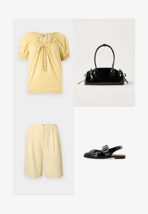 Bleekgele blouse met korte mouwen, geplooide halslijn, knoopsluiting aan de voorkant en een klein strikdetail op de borst.; Lichtgele op maat gemaakte korte broek met knoopsluiting, taillebandlussen, voorplooi en knielengte, afgebeeld tegen een effen achtergrond.; Zwarte gepatineerde leren slingback schoen met twee zilveren gespen, platte zool en decoratieve oogjes aan de zijkant voor extra detail.; Kleine zwarte glanzende handtas met twee lange hengsels en zijkant trekkoord details op een effen lichte achtergrond.