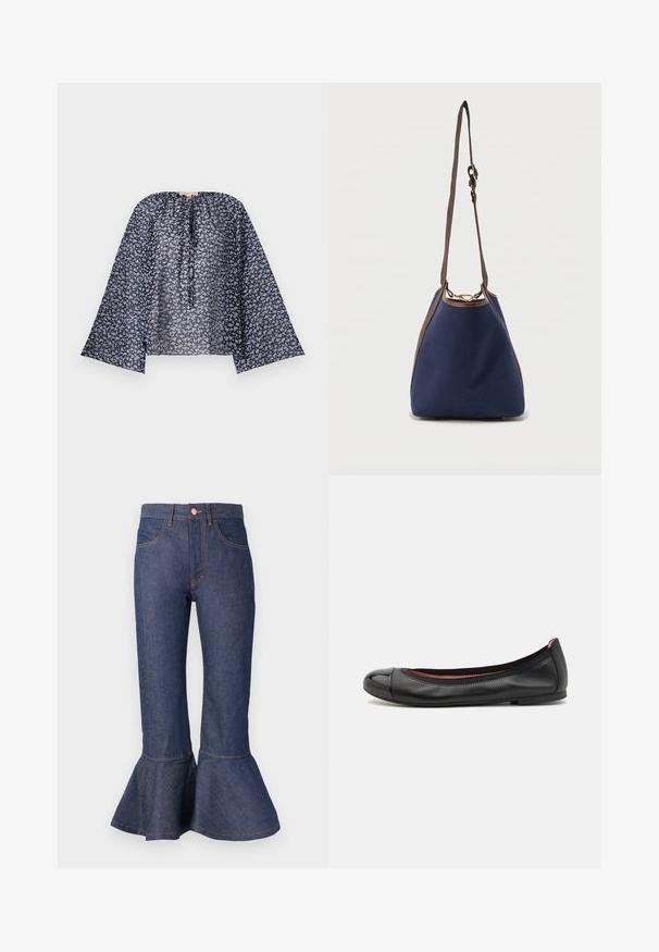 Blusa floral de chiffon negro, con mangas largas y anchas, y un escote fruncido con cordón. Patrón de pequeñas flores azules a lo largo.; Jeans de mezclilla azul oscuro de pierna acampanada con un dobladillo con volantes, cinco bolsillos y costuras de contraste en color naranja. Cintura de altura media con cierre de botón en el frente.; Bailarina de cuero negro con punta redondeada y detalle brillante en la puntera. Presenta una textura suave y una costura sutil a lo largo del borde superior.; Bolso tipo cubo azul marino con correa de hombro ajustable marrón, ribete marrón y cierre de anillo dorado sobre un fondo liso.