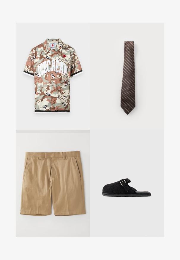 Korte mouwen overhemd met knopen, bedrukt met beige, bruin en tan camouflagepatroon, met grote witte "ICECREAM" tekst aan de voorkant.; Khaki shorts met een soepele, geweven textuur, voorzien van twee zijzakken en een rechte snit, ontworpen met een platte tailleband en riemlussen.; Zwarte gewatteerde slide-sandaal met een lichtgewicht ontwerp, een verstelbare band met een gesp, en een gestructureerde zool voor verbeterde grip.; Bruine gestreepte stropdas met dunne diagonale witte strepen, gemaakt van gladde stof, met een puntige uiteinde en een uniforme breedte over de gehele lengte.