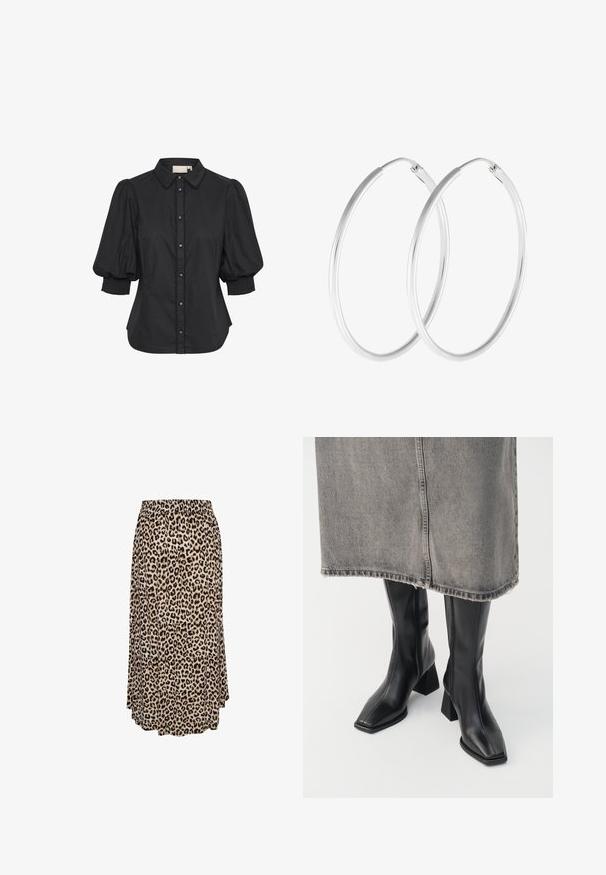 Blouse noire à manches courtes boutonnée avec manches bouffantes, poignets froncés et bordure festonnée le long du col et de la patte de boutonnage.; Jupe midi à motif léopard avec taille élastique, tissu fluide et ourlet légèrement évasé.; Bottes noires montantes en cuir lisse avec un bout carré et un talon bloc. Portées avec une jupe en denim grise à l'ourlet effiloché.; Boucles d'oreilles en argent, de forme ronde lisse et finition polie. Les deux boucles d'oreilles sont de la même taille et disposent d'un mécanisme de fermeture sécurisé.