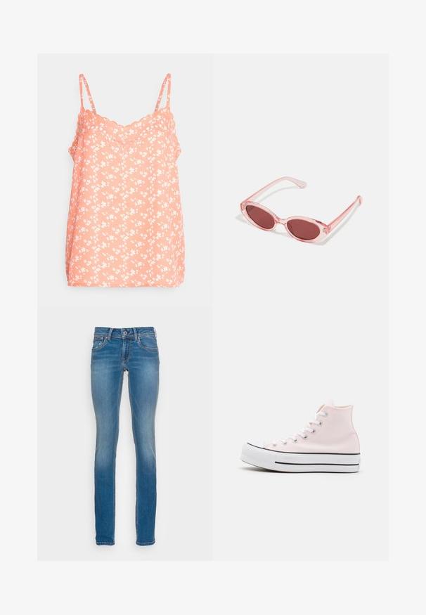 JDY JDYSERENA EMBROIDERY SINGLET - Top - living coral/cloud dancer; Svetlomodré džíny s priliehavým strihom, piatimi vreckami a kontrastným oranžovým šitím, s uzatváraním na gombík a zips.; Vysoké tenisky z svetloružového plátna, so bielymi šnúrkami a čiernymi pruhmi na bielej gumenej podrážke. Okrúhla špička.; Ružové priehľadné slnečné okuliare s oválnymi šošovkami, tmavočerveným tónovaním a štíhlymi ramenami, so hladkým povrchom a jemnými detailmi na ráme.