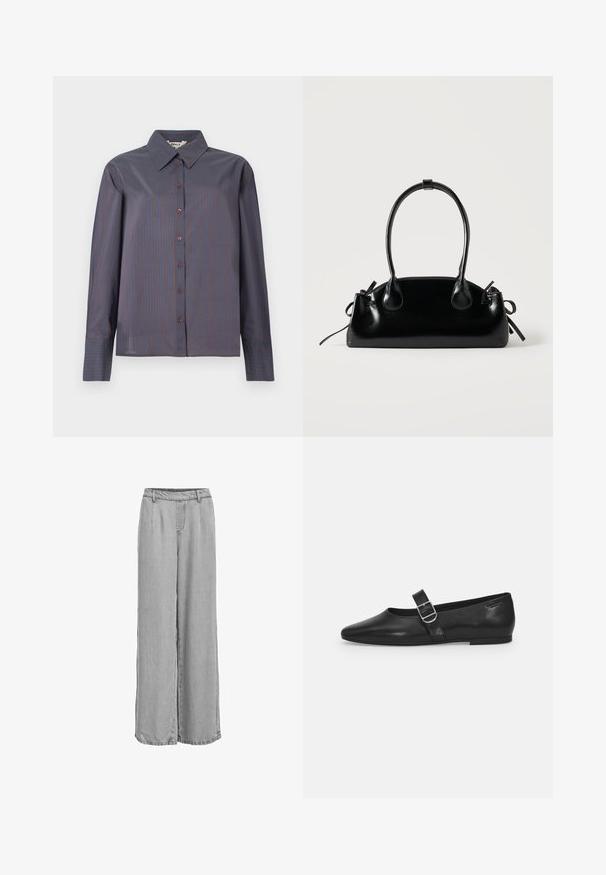Chemise à manches longues, à boutons, de couleur marine avec de fines rayures verticales brunes. Dotée d'un col classique et d'un tissu lisse, légèrement texturé.; Pantalon large gris clair avec ceinture élastique et passants pour ceinture, présentant des coutures à l'avant et à l'arrière pour la forme.; Chaussure plate en cuir noir avec un bout arrondi, une seule sangle réglable à boucle et une texture lisse et brillante. Design minimaliste avec un petit talon.; Petit sac à main noir brillant avec deux longues anses et des détails à cordon sur les côtés sur un fond clair uni.