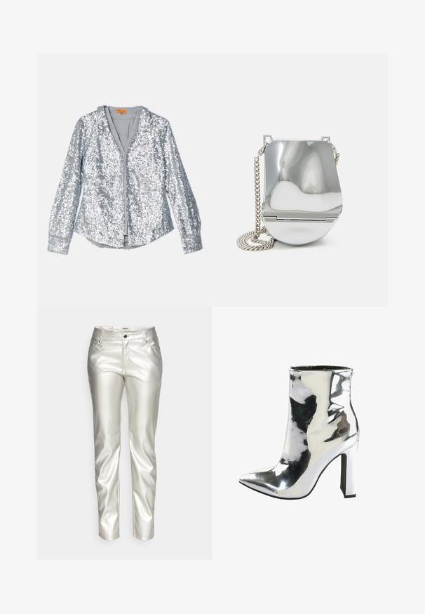 Silberner Paillettenjacke mit langen Ärmeln, durchgeknöpftem Vorderteil und Kragen. Weiche Innenfutter und elastische Bündchen mit glatter Textur.; ONLY ONLJACI LILO - Stoffhose - silver; Silberne Lackleder-Ankle Boots mit einer spitzen Spitze, dickem hohen Absatz und einem seitlichen Reißverschluss, der eine glatte, glänzende Textur aufweist.; Silberne metallische Handtasche mit einer glatten, geschwungenen Oberfläche, ausgestattet mit einem Kettenriemen und einem sicheren Verschluss. Kompakte Form und reflektierende Oberfläche.