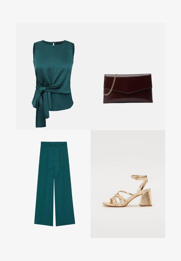 Blouse sans manches en satin bleu sarcelle foncé avec encolure ronde et détail noué sur le côté créant un effet drapé.; Pantalons à jambes larges dans une teinte bleu sarcelle profonde avec une finition texturée, dotés d'une taille nouée pour un ajustement réglable et d'une silhouette fluide.; Sandales à talons métalliques dorés avec un design à lacets, un talon carré, et une sangle de cheville ajustable avec une boucle. Texture lisse.; Sac à main en cuir de couleur bordeaux foncé avec un design en forme d'enveloppe. Il dispose d'une anse en chaîne dorée, d'une texture lisse et d'une fermeture en pointe.