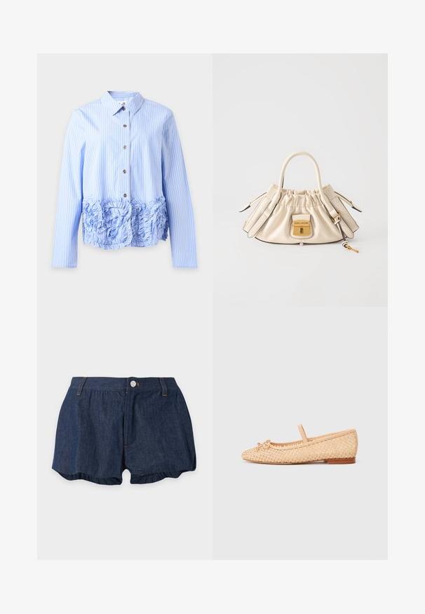 Chemise à manches longues rayée bleu et blanc, boutonnée, avec un col et un détail de volants texturés le long du bas devant.; Short en jean bleu foncé avec fermeture à bouton et zip, passants pour ceinture et léger détail froncé aux ourlets des jambes sur fond uni.; Ballerines beiges avec un dessus en maille tissée, semelle plate et un nœud décoratif sur l'orteil. Design minimaliste avec un profil fin.; Sac à main en cuir couleur crème avec dessus froncé, doubles poignées, serrure dorée gravée "Marc Jacobs" et pendentif clé attaché sur fond blanc.