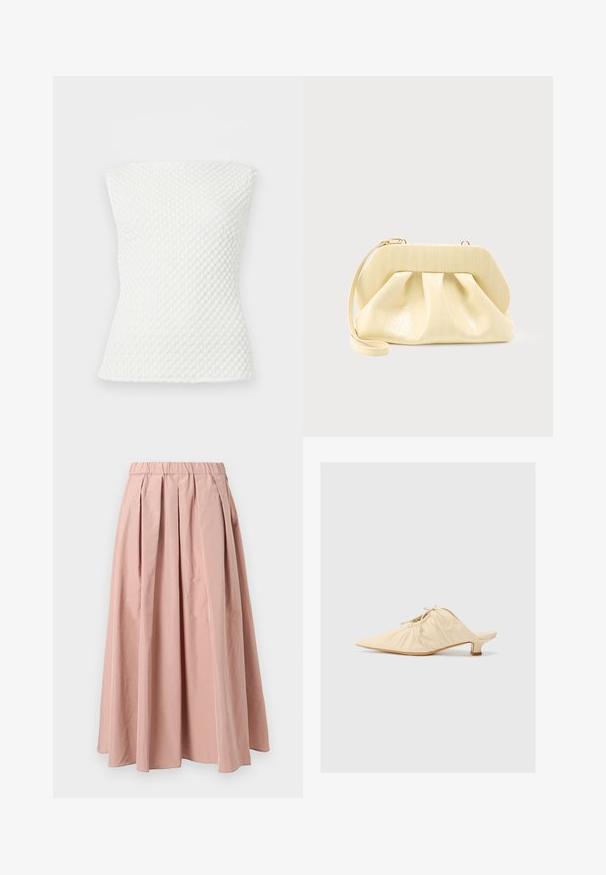 Top de punto blanco sin tirantes con textura, silueta ajustada y un sutil patrón de panal.; Falda plisada de color rosa claro con una cintura elástica, que presenta una textura de tela suave y un diseño fluido que se extiende hasta la altura de la mitad de la pantorrilla.; Zapato de piel color crema tipo slip-on con puntera afilada, detalles fruncidos en la parte delantera y un tacón corto y cuadrado.; Bolso clutch de cuero color crema con un marco superior estructurado y correa de muñeca, mostrado sobre un fondo claro y liso.