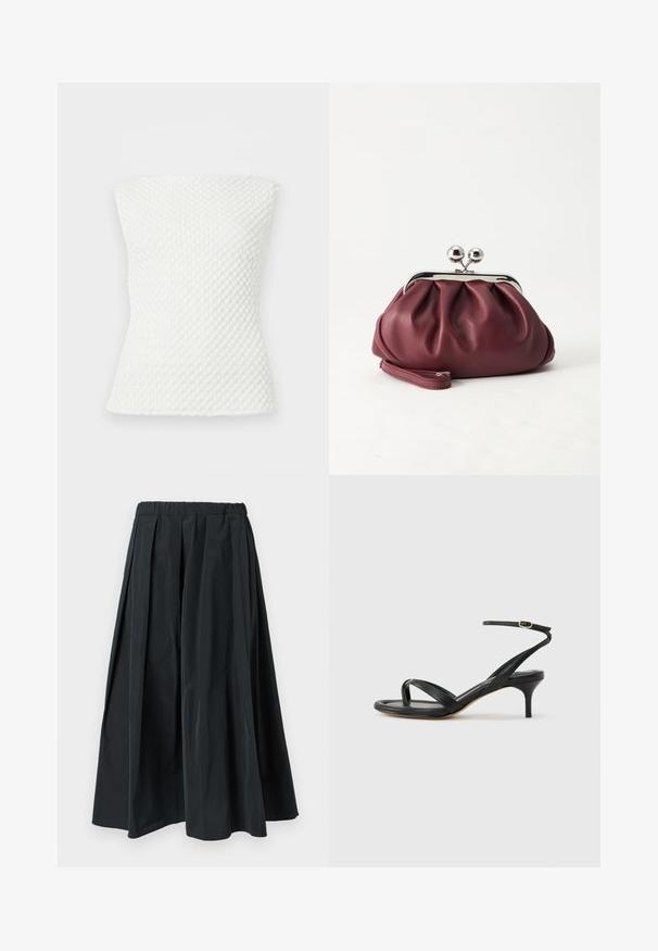Hvid tekstureret strapless strikket top med en tætsiddende silhuet og et diskret honningkage-mønster.; Sorte plisserede bukser med vide ben og elastisk taljebånd, lavet af letvægtsstof, hængende mod en ensfarvet hvid baggrund.; Sort damesandal i læder med tynde remme, en tå-loop, ankelspænde og en mellemhøj stiletthæl på en neutral baggrund.; Lille bordeauxlæder clutch-pung med sølv metal lukning og håndledsrem på hvid baggrund.