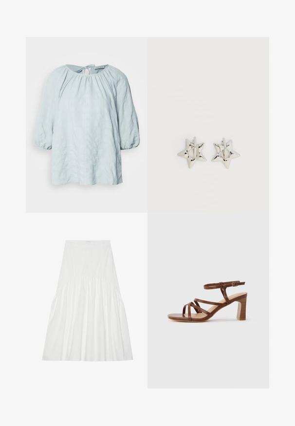 Blouse bleu clair avec un motif à carreaux texturé, décolleté arrondi et manches froncées. Présente un détail à nouer à l'arrière.; Jupe blanche, arrivant au genou, en coton. Présente des détails froncés à la taille, une texture lisse et une silhouette A-line simple et classique.; Sandale en cuir marron à lanières avec un talon bloc et une boucle de cheville réglable sur un fond clair uni.; Boucles d’oreilles créoles en forme d’étoile argentée avec une finition lisse et polie sur un fond blanc uni.