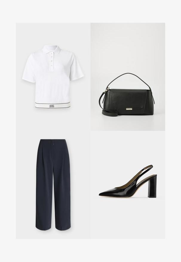 Polo blanco de manga corta con cuatro botones y dobladillo con ribete negro con el texto "JOOP! JEANS" en el centro inferior.; Pantalones de pierna ancha azul marino con cintura alta y corte recto, mostrados planos sobre un fondo neutro.; Zapato de tacón alto tipo slingback de charol negro con puntera puntiaguda y tacón cuadrado sobre fondo claro y liso.; Bolso de mano de cuero negro con un diseño estructurado, una correa de hombro desmontable y un acento de cierre metálico. Presenta líneas limpias y una textura suave.