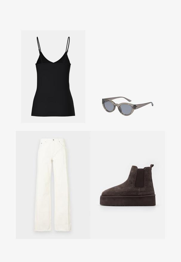 Schwarzes Camisole-Top mit dünnen, verstellbaren Trägern, V-Ausschnitt-Design, enganliegender Form und nahtloser Textur. Schlichter und minimalistisch Stil.; Weiße, weit geschnittene Jeans aus Denim, mit ausgefransten Kanten an den Seiten, vorderen Taschen und einem klassischen Knopf- und Reißverschluss.; Braune Wildleder Chelsea-Stiefel mit elastischen Seitenpaneelen und einer dicken, strukturierten Plattformsohle. Mit einem Ziehband an der Ferse für ein einfaches An- und Ausziehen.; Cat-Eye-Sonnenbrille mit durchscheinendem grauem Rahmen, grauen Gläsern und dünnen, gebogenen Bügeln, mit dezentem Branding an den Seiten.