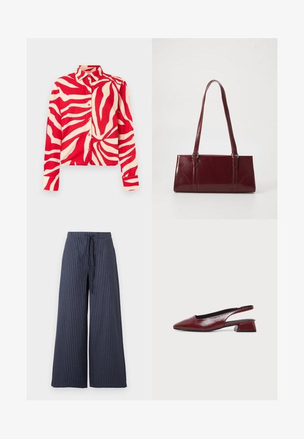 Chemise à manches longues avec boutons, ornée de rayures zébrées abstraites rouges et crème, col pointu et poignets aux manches, sur un fond clair.; Pantalons à jambes larges en bleu marine avec des rayures verticales blanches. Fabriqués dans un tissu léger, avec une taille à cordon et une texture lisse.; Chaussure slingback en cuir marron avec bout pointu et petit talon carré, vue de profil sur fond clair uni.; Sac à main bordeaux en matériau brillant, de forme rectangulaire, avec deux anses et des accents légèrement courbés à l'avant.