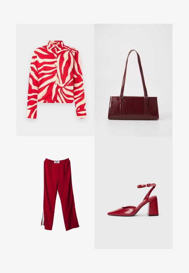Chemise à manches longues avec boutons, ornée de rayures zébrées abstraites rouges et crème, col pointu et poignets aux manches, sur un fond clair.; Pantalon de sport rouge avec taille élastique, présentant des fentes latérales et de légères plis. Le matériau semble lisse, avec une étiquette sur la ceinture.; Escarpins slingbacks en cuir rouge avec un bout pointu, un talon bloc épais et une seule bride de cheville réglable. Texture lisse, design minimaliste.; Sac à main bordeaux en matériau brillant, de forme rectangulaire, avec deux anses et des accents légèrement courbés à l'avant.