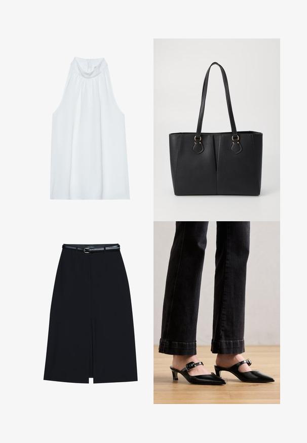 Haut sans manches blanc avec un col montant, en tissu doux, présentant des détails froncés au niveau du col et une fermeture éclair dissimulée à l'arrière.; Jupe noire à mi-cuisse avec une fente frontale, fabriquée en tissu lisse. Comprend une fine ceinture noire avec une boucle en argent et des passants.; Mules noires à bout pointu avec un petit talon et une bride réglable à boucle. Matière en cuir lisse avec une finition brillante.; Sac fourre-tout noir en simili cuir avec une finition texturée, deux longues poignées et des accents en métal doré sur le côté. Shape rectangulaire.