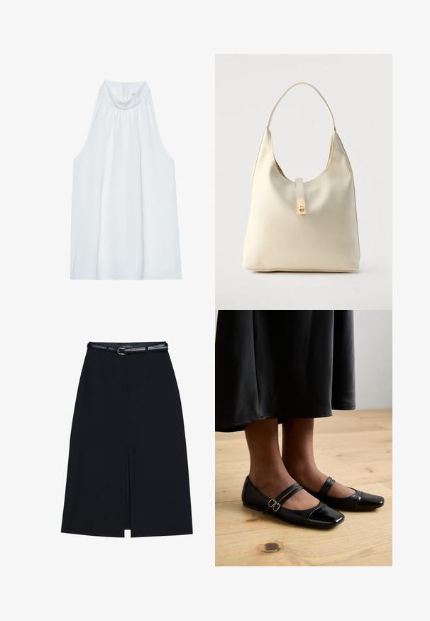 Witte mouwloze top met een hoge hals, gemaakt van zachte stof, met geplooide details bij de halslijn en een verborgen ritssluiting aan de achterkant.; Zwarte knie-lange rok met een vooraanstaande split, gemaakt van gladde stof. Heeft een dunne zwarte riem met een zilveren gesp en riemlussen.; Zwarte gepatineerde leren ballerina's met een vierkante neus, voorzien van twee banden met gespen. De zolen zijn plat op een lichte houten vloer.; Crèmekleurige leren hobo-tas met een enkele schouderband, een gladde textuur en een goudkleurige sluiting aan de voorkant.