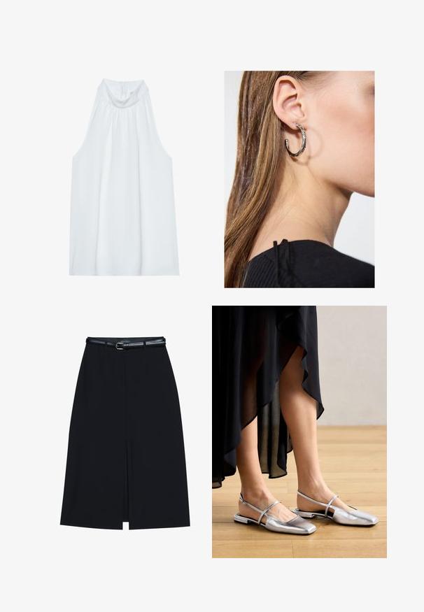 Haut sans manches blanc avec un col montant, en tissu doux, présentant des détails froncés au niveau du col et une fermeture éclair dissimulée à l'arrière.; Jupe noire à mi-cuisse avec une fente frontale, fabriquée en tissu lisse. Comprend une fine ceinture noire avec une boucle en argent et des passants.; Chaussures plates métalliques argentées avec un design à bout carré, une lanière arrière et des accents découpés. Texture lisse sur un sol en bois.; Boucle d'oreille en argent avec une finition polie, présentant de petits détails en or et de forme ronde, portée sur le lobe.