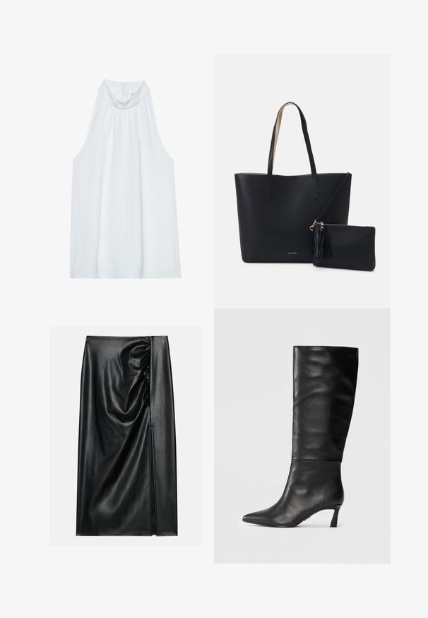 Haut sans manches blanc avec un col montant, en tissu doux, présentant des détails froncés au niveau du col et une fermeture éclair dissimulée à l'arrière.; Jupe en cuir noir avec une texture lisse, présentant une section froncée sur un côté et une fente sur le côté pour un détail supplémentaire.; Botte noire en cuir, hauteur genou, avec un bout pointu et un talon fin. Texture lisse avec un design sans coutures et une finition polie.; Sac fourre-tout noir avec un matériau texturé, deux longues anses et une pochette zippée amovible avec un détail de pompon. Logo de la marque en orvisible.
