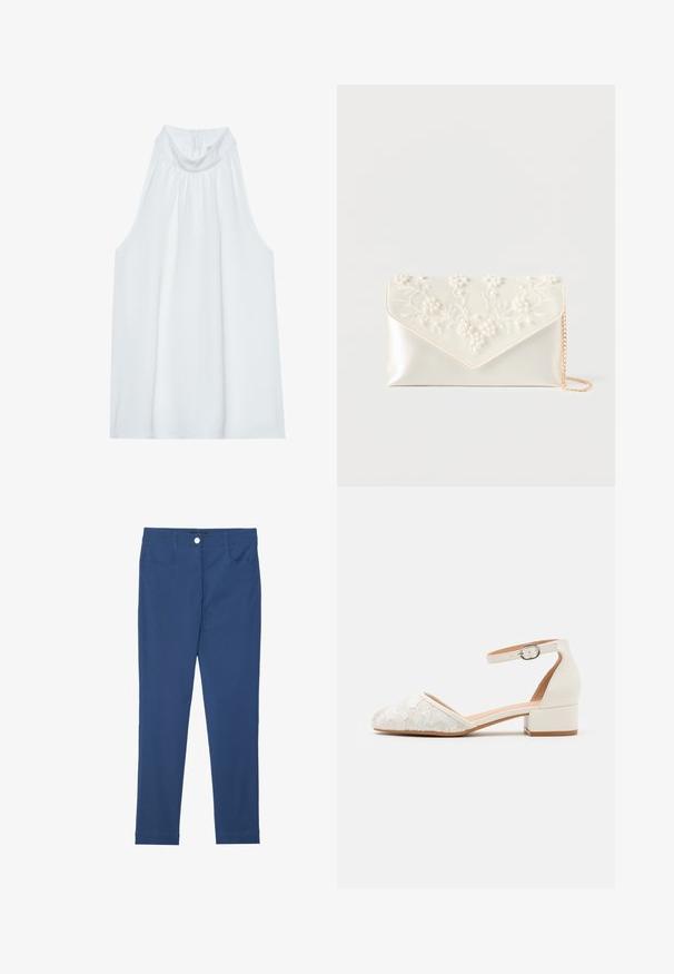 Haut sans manches blanc avec un col montant, en tissu doux, présentant des détails froncés au niveau du col et une fermeture éclair dissimulée à l'arrière.; Pantalons slim-fit bleus en mélange de coton, dotés d'un bouton frontal, d'une fermeture éclair, de deux poches et d'une texture lisse et propre.; Chaussure blanche à bride de cheville en dentelle avec un petit talon carré et un design à bout pointu. Doublure intérieure lisse, dessus en dentelle texturé et détail de boucle.; Pochette en satin crème avec broderie de perles et fleurs sur le rabat, et une fine chaîne dorée sur fond blanc.