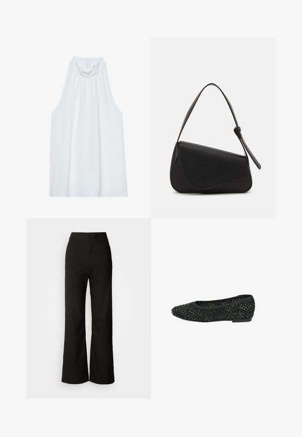 Haut sans manches blanc avec un col montant, en tissu doux, présentant des détails froncés au niveau du col et une fermeture éclair dissimulée à l'arrière.; Pantalons noirs à jambes larges avec une texture lisse, taille haute et un design épuré. Pas de poches visibles ni d'embellissements.; Ballerines noires avec une surface perlée, dotées d'un bout rond et d'un petit talon, fabriquées à partir d'un tissu doux avec une finition texturée.; Sac à main en cuir noir de forme triangulaire, avec un rabat incliné et une poignée supérieure arrondie. Il présente une texture lisse et des détails de design minimalistes.