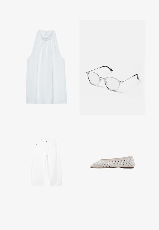 Hvid ærmeløs top med høj hals, der har blødt stof, sammensyning ved halsudskæringen og en skjult lynlås i ryggen.; Løse hvide denimjeans med knap- og lynlåslukning, bæltestropper og forlommer, vist på en ensfarvet baggrund.; Balletflad i cremefarvet stof med sølvfarvede palietter arrangeret i et prik mønster, rund tå og lav brun sål. Tekstureret overdel for ekstra detalje.; Metallic sølvbriller med runde linser og en tynd ramme. Sorte tempelspidser giver kontrast. Justerbare næsepuder medfølger.