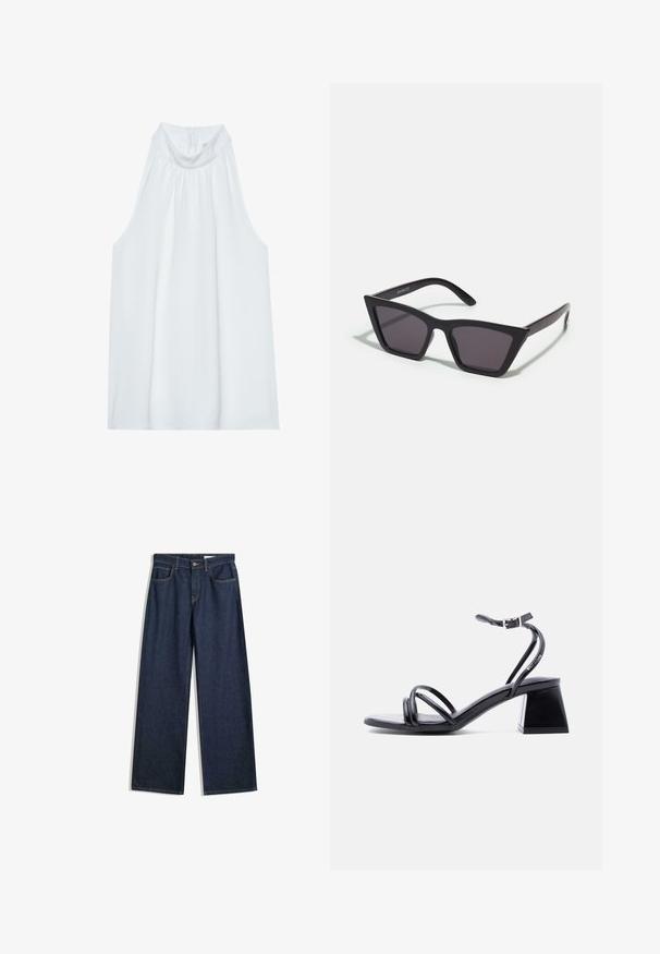 Haut sans manches blanc avec un col montant, en tissu doux, présentant des détails froncés au niveau du col et une fermeture éclair dissimulée à l'arrière.; Jean en denim sombre à jambes larges avec cinq poches, coutures visibles et fermeture à bouton. Présente une coupe droite et un léger effet vieilli.; Sandale noire à brides ouvertes avec boucle à la cheville et talon bloc, vue de côté sur un fond clair uni.; Lunettes noires angulaires avec des verres gris ; fabriquées en plastique, avec des branches épaisses à la surface lisse et sans matériel visible.