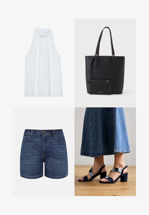 Haut sans manches blanc avec un col montant, en tissu doux, présentant des détails froncés au niveau du col et une fermeture éclair dissimulée à l'arrière.; Shorts en denim bleu foncé avec bouton frontal, fermeture éclair, passants pour ceinture et poches avant, présentés sur un fond blanc.; Marco Tozzi Sandales - navy; Sac fourre-tout en cuir noir avec deux poignées et une petite pochette zippée assortie attachée, marqué Anna Field en lettres dorées.