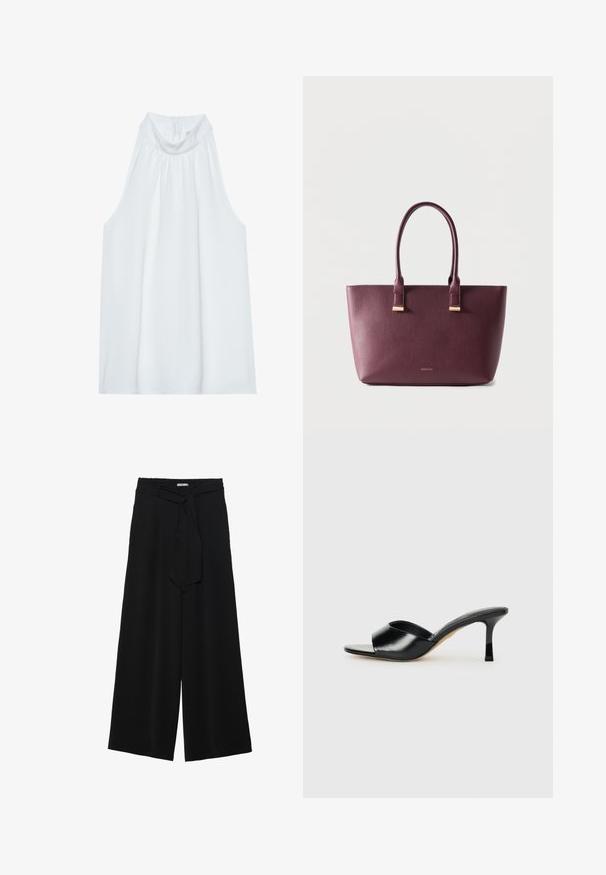 Haut sans manches blanc avec un col montant, en tissu doux, présentant des détails froncés au niveau du col et une fermeture éclair dissimulée à l'arrière.; Pantalons larges noirs en tissu texturé, avec une taille élastique et une ceinture à nouer amovible à la taille pour un ajustement variable.; Mules à talons hauts en cuir noir avec un design à bout ouvert et une large sangle supérieure incurvée. Texture lisse et silhouette élégante.; Sac fourre-tout en cuir violet foncé avec deux poignées et petit logo de marque doré sur le devant, posé sur un fond clair uni.