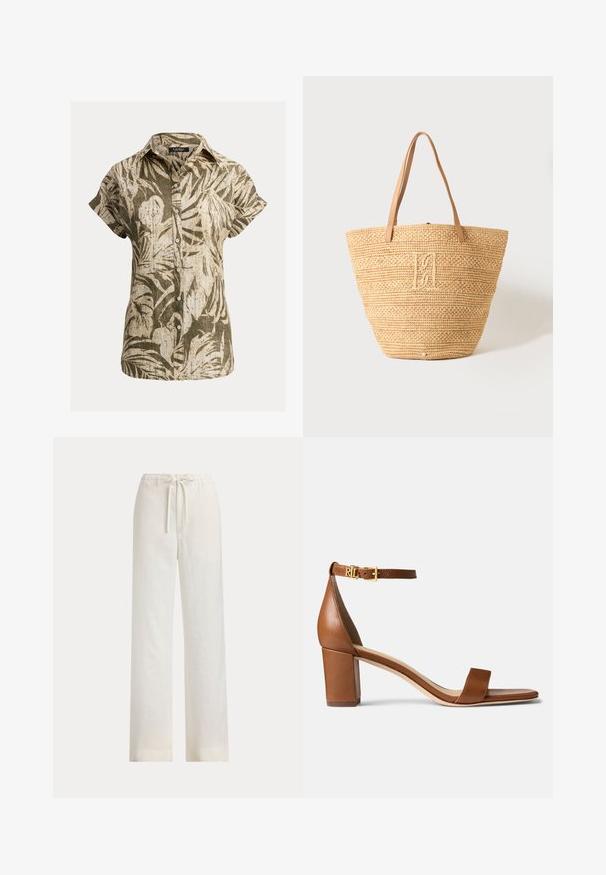 Damesblouse met korte mouwen, knoopsluiting, kraag en abstract patroon van olijfgroene en beige bladeren.; Loszittende witte broek met elastische tailleband en trekkoord, getoond tegen een effen achtergrond.; Lauren Ralph Lauren LOGAN BURNISHED LEATHER SANDAL - Sandalen - deep saddle tan; Beige gevlochten stro draagtas met twee bruine leren handvatten en een subtiel geborduurd monogram aan de voorkant in het midden.