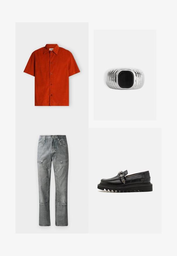 Kurzärmeliges Hemd mit Knopfleiste aus burnt-orangefarbenem Cordstoff mit klassischem Kragen und vier sichtbaren Knöpfen vorne.; Graue Denim-Jeans mit geradem Schnitt, ausgestattet mit Fronttaschen, sichtbaren Nähten und einem verwaschenen Finish. Das Material hat eine glatte Textur.; Schwarze Leder Slipper mit silbernen Hardware-Akzenten, einer erhöhten Zickzack-Sohle und einem schlanken, runden Design; glatte Textur und glänzende Oberfläche.; Silberner Ring mit einer strukturierten Band, der einen großen schwarzen rechteckigen Stein in der Mitte und mehrere gestapelte Rillen an den Seiten aufweist.