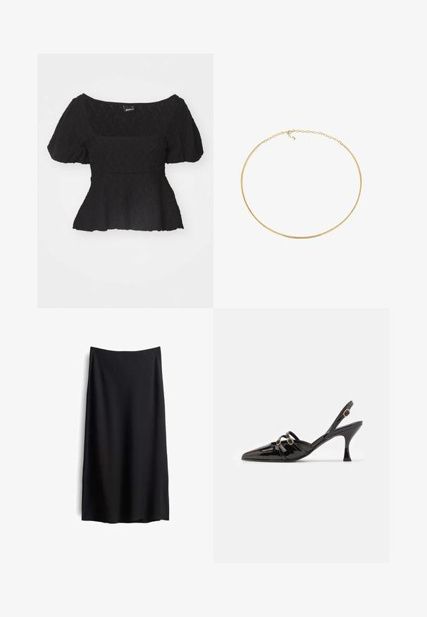 Zwarte peplum top met korte pofmouwen, gestructureerd oppervlak en een brede vierkante halslijn, gemaakt van lichte materialen.; Zwarte knielange rok met een gladde, matte textuur. Heeft een simpele silhouet en subtiele zijsplitten voor gemakkelijke beweging.; ALOHAS JOELLE ONIX - Klassieke pumps - black; Gouden choker ketting met een zachte, gebogen vormgeving en een schakelkettinkje voor verstelbare lengte en een veilige sluiting.