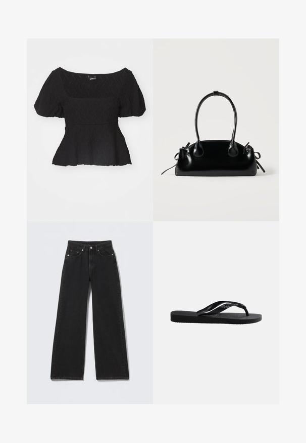Top peplum preto com mangas bufantes curtas, superfície texturizada e decote quadrado largo, feito de material leve.; Jeans pretos de cintura subida e pernas largas com fecho frontal de botão e fecho éclair, passantes para cinto e cinco bolsos frontais sobre um fundo claro.; Chinelos pretos de borracha com palmilha texturizada e tira em forma de Y lisa sobre um fundo claro liso.; Pequena mala preta brilhante com duas alças longas e detalhes laterais com cordão num fundo claro e liso.