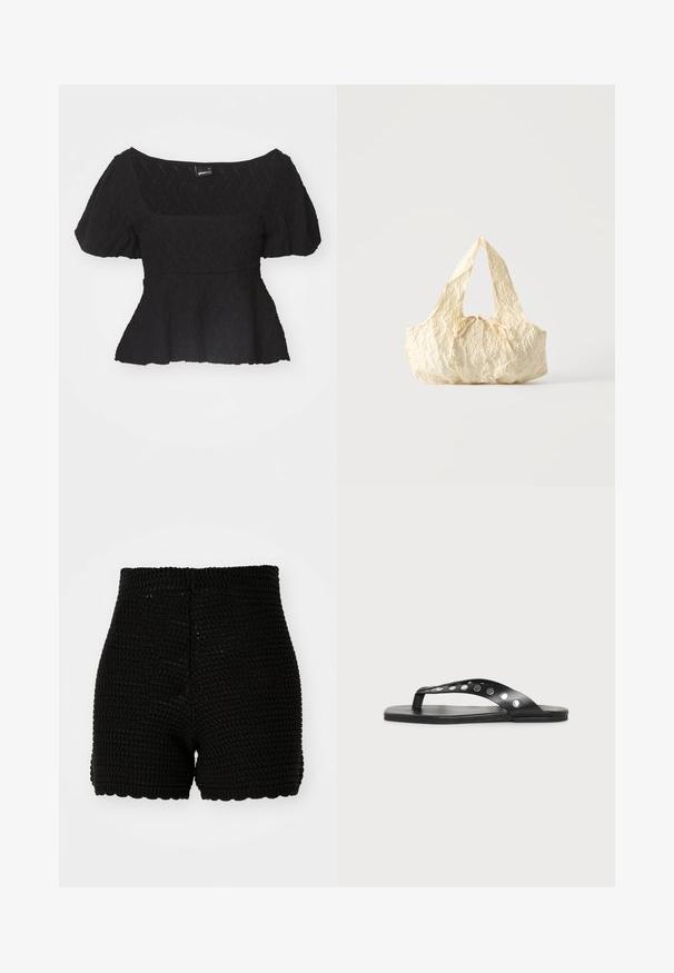 Top peplum negro con mangas cortas abullonadas, superficie texturizada y escote cuadrado amplio, hecho de material ligero.; Shorts de ganchillo negro con textura acanalada, cintura alta y dobladillo con puntilla. Diseñados para una silueta ajustada y material transpirable.; Sandalia tipo chancla plana negra con tachuelas metálicas a lo largo de la correa, mostrada de perfil sobre un fondo claro y liso.; Bolso de tela texturizada color crema con asas superiores y un pequeño detalle de lazo atado en el centro del frente.