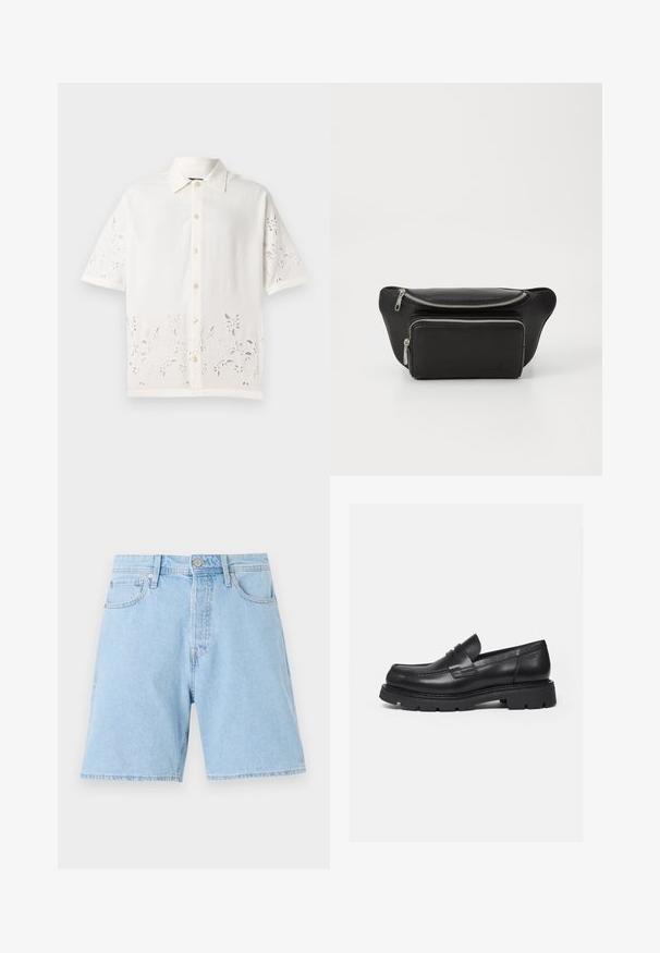 Witte korte mouwen shirt van lichte stof, met een knoopsluiting aan de voorkant, geborduurd bloemenpatroon langs de onderrand en een klassieke kraag.; Lichtblauwe denimshorts met een klassieke snit, vijf zakken, knoopsluiting en gestikt zoom. Duurzame stof met een gladde textuur.; Zwarte leren loafer met dikke geribbelde zool en pennyriemdetail, getoond in rechter zijprofiel op witte achtergrond.; Zwarte leren heuptas met twee ritscompartimenten, gladde textuur, ronde vorm en een op de voorkant gegraveerd logo. Accenten van zilverkleurig beslag.