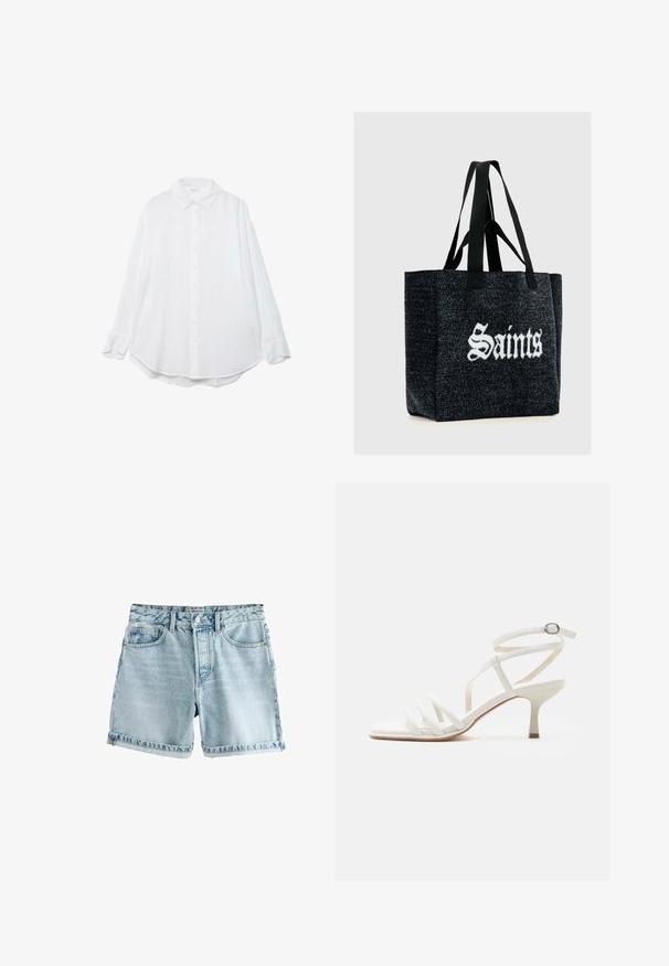 Hvid skjorte med lange ærmer, knapper og krave samt afrundet kant, vist fladt på en hvid baggrund.; Lyseblå denim shorts med rå kant, fem lommer og knaplukning. Stoffet har en let slidt tekstur.; Hvid damesandal med tynde hæle, tre stropper foran og en ankelrem med en sølvspænde.; Sort filttote taske med kontrasterende hvide "Saints" bogstaver, med to sorte stofhåndtag og en struktureret rektangulær form.