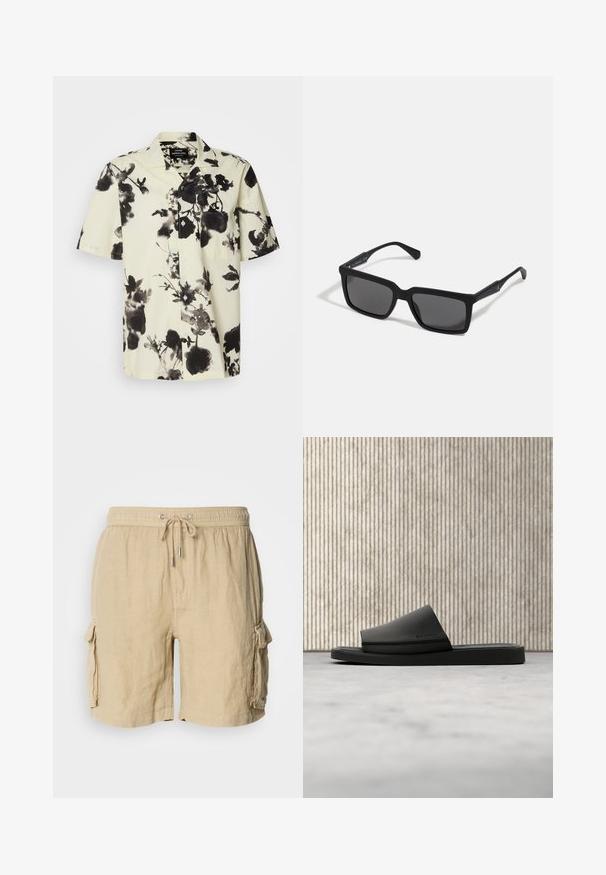 Chemise à manches courtes avec une base crème ornée de motifs floraux noirs. Fabriquée en tissu léger, elle possède un bouton devant et une poche poitrine.; Shorts cargo beiges en tissu léger avec une taille élastique et un cordon de serrage. Comprend deux poches latérales et une finition texturée.; Sandale slide noire Calvin Klein reposant sur un tapis beige à côté d'une table ronde de couleur ambre, avec un mur en panneaux de bois en arrière-plan.; Lunettes de soleil noires avec des verres rectangulaires, finition mate, épaisses montures et branches fines comprenant un subtil détail de marque.
