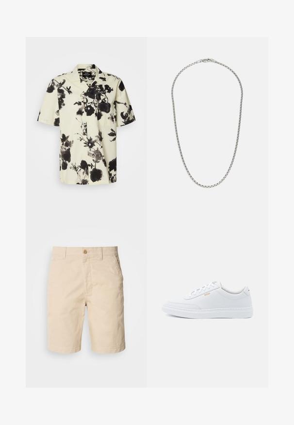 Chemise à manches courtes avec une base crème ornée de motifs floraux noirs. Fabriquée en tissu léger, elle possède un bouton devant et une poche poitrine.; Shorts en coton beige avec une fermeture à bouton à l'avant, des poches latérales et une coupe droite. Texture lisse avec des détails de couture soignés.; Baskets blanches en cuir avec une texture lisse, bout rond et coutures tonales. Possède des lacets bleus et un logo doré sur le côté.; Collier en chaîne argentée avec un design de maillons alternés. Comprend des maillons plats et rectangulaires ainsi qu'un fermoir sécurisé, avec une texture lisse sur l'ensemble.