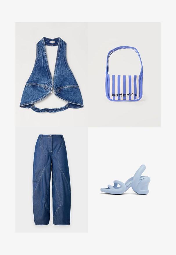 Blauwe denim gilet met een mouwloos ontwerp, voorzien van een diepe V-hals, open voorkant en een geplooide achterkant. Versterkte stiksels en ritsdetails.; Wijd-uitlopende denim broek in donkerblauw met contrasterende witte stiksels. Voorzien van een knoopsluiting en een hoge taille, met hoekige naaddetails.; Lichtblauwe haksandalen, gemaakt van glad rubber, met een sculpturaal ontwerp van golvende banden en een stevige hak.; Blauw-witte schoudertas van stof met verticale strepen, met de tekst "marimekko" in zwart geborduurd op de voorkant.
