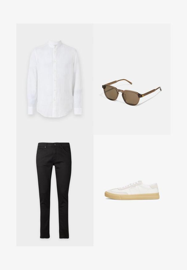 Hvid linned skjorte med mandarin krave. Har lange ærmer, knaplukning foran og en buet kant. Subtil tekstur.; Slim fit sorte jeans med knap- og lynlås-lukning, for- og baglommer, vist fladt på hvid baggrund.; Hvide sneakers lavet af læder og ruskind, med snørestropper, en tan gummisål og et lille logo på siden.; Brune farvede solbriller med firkantet ramme, transparent brunt plastmateriale og dekorative gule accenter på stængerne.