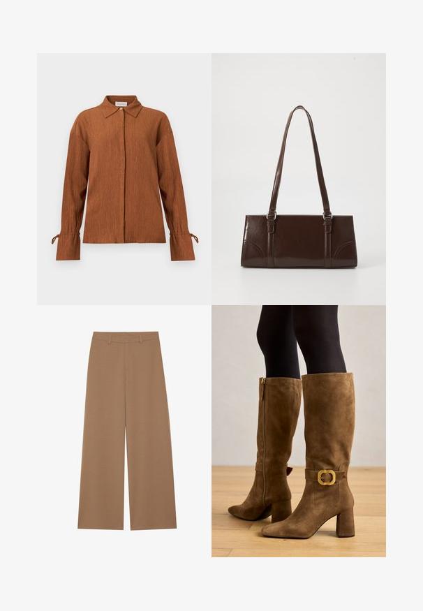 Bruine blouse met lange mouwen en textuur, een puntige kraag, verborgen knopen aan de voorkant en gestrikte manchetten, afgebeeld op een effen achtergrond.; Brede broek in een effen bruine kleur, gemaakt van een gestructureerde stof; beschikt over een hoge taille en een gestructureerd ontwerp met riemlussen.; Kniehoge browne suède laarzen met een vierkante gouden gesp, stevige hak en taps toelopende neus, met een zijrits voor gemakkelijk aan- en uittrekken.; Bruine lakleren handtas met een rechthoekige vorm, twee lange handvatten en subtiele gebogen accenten aan de voorkant.
