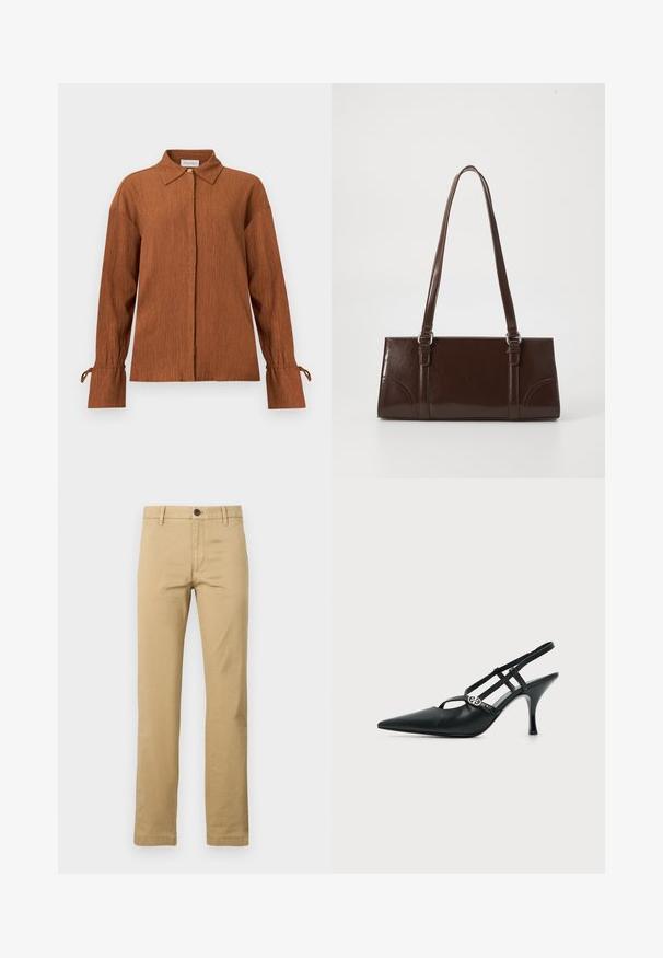 Bruine blouse met lange mouwen en textuur, een puntige kraag, verborgen knopen aan de voorkant en gestrikte manchetten, afgebeeld op een effen achtergrond.; Khaki chinos van katoen, met een rechte pijp, twee voorkanten zakken, een enkele knoopsluiting en riemlussen, met een gladde textuur.; Zwarte leren slingback met puntige neus, dunne bandjes en een kleine zilveren siergesp aan de zijkant.; Bruine lakleren handtas met een rechthoekige vorm, twee lange handvatten en subtiele gebogen accenten aan de voorkant.
