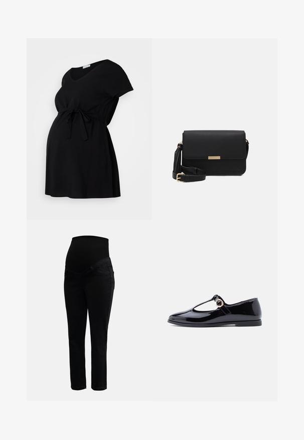 Robe de maternité noire en tissu doux, avec des manches courtes, un décolleté en V et une taille ajustable à cordon. Design simple, sans motifs.; Jeans de maternité noirs avec une taille haute extensible et des jambes slim, conçus pour le confort et le soutien pendant la grossesse.; Chaussure Mary Jane en cuir verni noir avec un bout arrondi, une bride en T et un détail en métal doré circulaire, semelle plate et finition lisse et brillante.; Sac en cuir noir avec un rabat, accents en matériel doré, sangle réglable et surface texturée. Forme rectangulaire compacte.