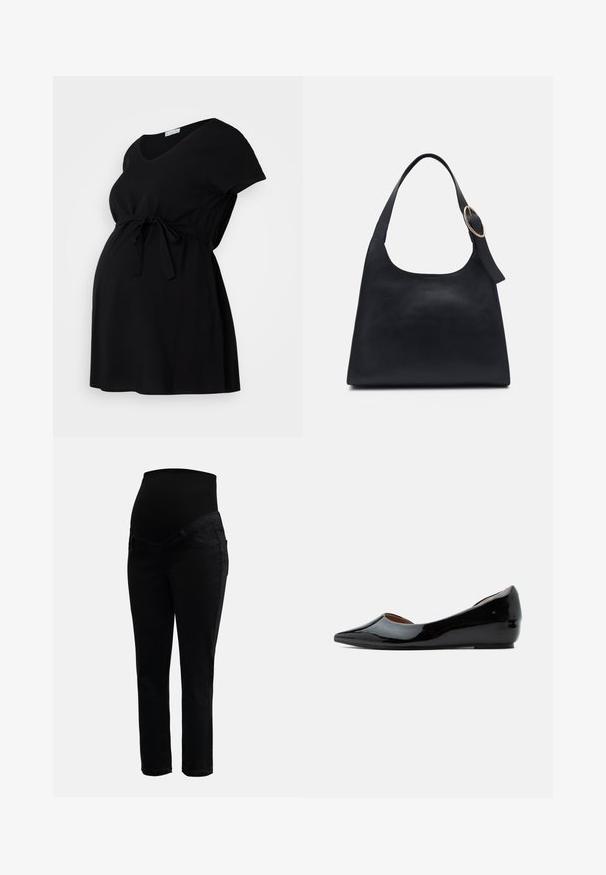 Schwarzes Umstandskleid aus weichem Stoff, mit kurzen Ärmeln, V-Ausschnitt und verstellbarem Kordelzug in der Taille. Schlichtes Design, ohne Muster.; Schwarze Umstandshosen mit dehnbarem, hohem Bund und schlankem Bein, entworfen für Komfort und Unterstützung während der Schwangerschaft.; Schwarzer Lacklederschuh mit flacher Sohle, spitzer Schuhspitze und niedrigem Keilabsatz, seitlicher Ansicht vor einfarbigem Hintergrund.; Schwarze Leder-Tote mit glatter Textur, runder Form und einem einzigen Schulterriemen, der mit einem runden goldenen Hardware-Akzent verziert ist.