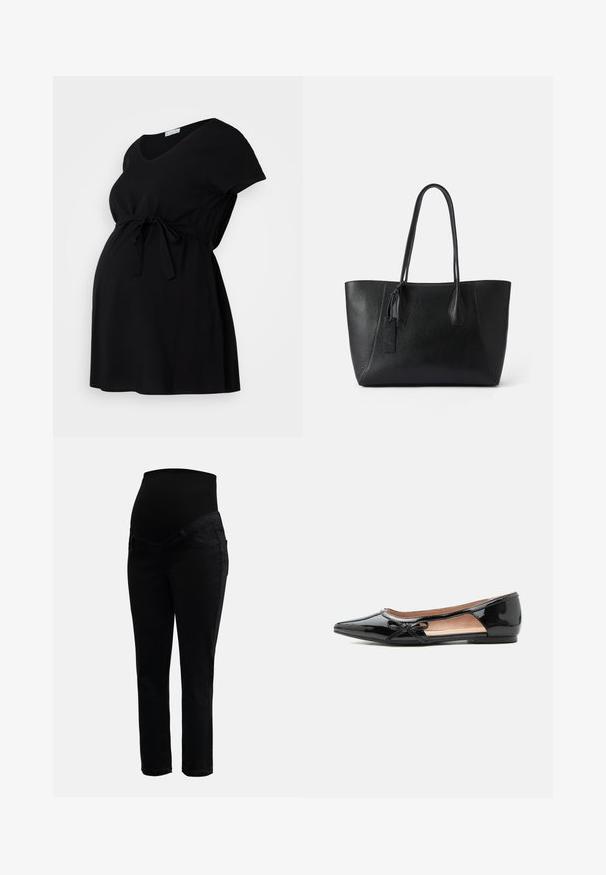 Schwarzes Umstandskleid aus weichem Stoff, mit kurzen Ärmeln, V-Ausschnitt und verstellbarem Kordelzug in der Taille. Schlichtes Design, ohne Muster.; Schwarze Umstandshosen mit dehnbarem, hohem Bund und schlankem Bein, entworfen für Komfort und Unterstützung während der Schwangerschaft.; Schwarzer Lackleder-Spitzflachschuh mit seitlichem Ausschnitt und kleinem dekorativem Schleifchen an der Außenseite.; Schwarze Ledertasche mit strukturierter Oberfläche, elongated Form, zwei robuste Griffe und einem kleinen dekorativen Anhänger an der Seite.