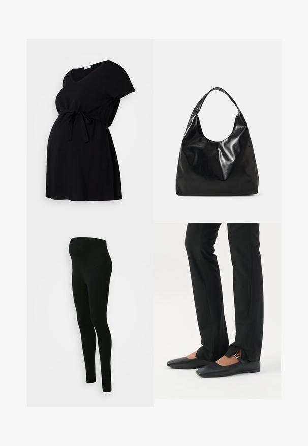 Vestido de maternidad negro de tejido suave, con mangas cortas, escote en V y cintura con cordón para un ajuste ajustable. Diseño simple, sin estampados.; Leggings de maternidad negros con una cinturilla alta y de soporte, textura suave, diseño ajustado y sin patrones ni adornos visibles.; Piernas con pantalones ajustados negros con aberturas frontales en el dobladillo, combinados con zapatos planos Mary Jane negros con una pequeña correa con hebilla.; Bolso hobo de cuero negro con una textura suave y brillante y un diseño de parte superior redondeada y abierta. Cuenta con una amplia correa curvada para llevar. Sin hardware visible.