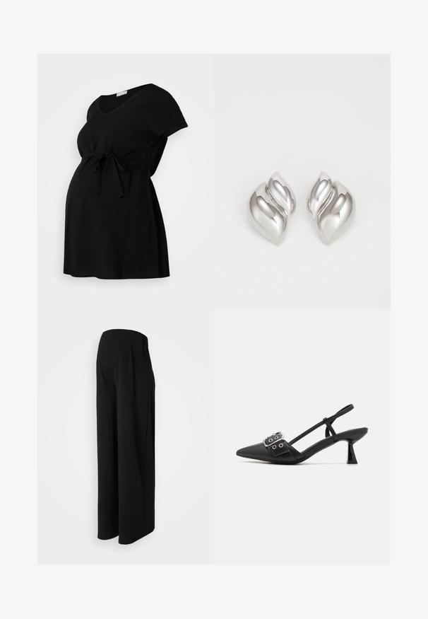 Vestido de maternidad negro de tejido suave, con mangas cortas, escote en V y cintura con cordón para un ajuste ajustable. Diseño simple, sin estampados.; Vero Moda Maternity Wide-leg Wide Leg Fit - Pantalones - black; Simmi London DALA - Tacones - black; Pendientes de plata con una forma orgánica y abstracta. Superficie lisa y brillante con un diseño cónico. Presentan suaves curvas y un detalle de línea central.