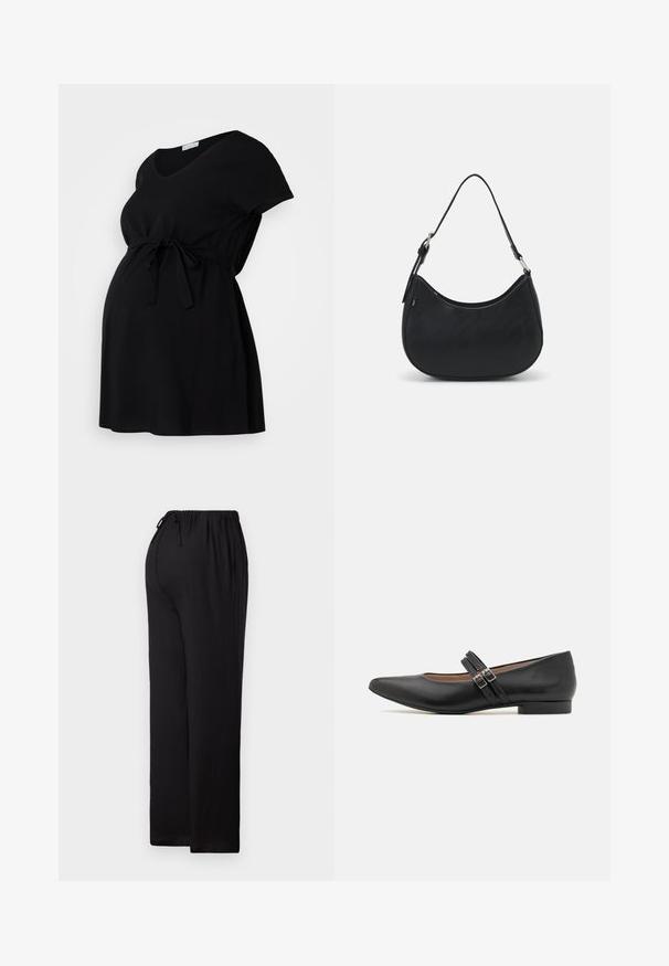 Vestido de maternidad negro de tejido suave, con mangas cortas, escote en V y cintura con cordón para un ajuste ajustable. Diseño simple, sin estampados.; Pantalones negros de corte relajado hechos de tejido ligero. Cuentan con una cinturilla elástica con cordón, diseño de pierna recta y dobladillo plano.; Zapato negro de cuero estilo Mary Jane con punta afilada, dos hebillas de correa, tacón bajo y textura suave. Diseñado para una apariencia formal.; Bolso hobo negro hecho de cuero suave con una silueta curva, que cuenta con una sola correa ajustable y detalles de diseño minimalistas.