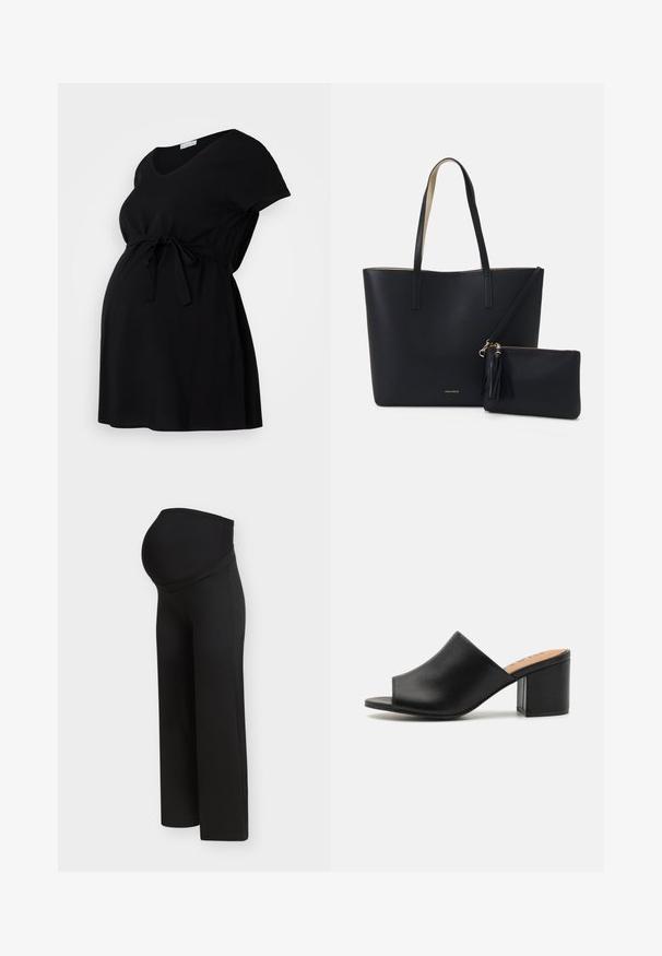 Vestido de maternidad negro de tejido suave, con mangas cortas, escote en V y cintura con cordón para un ajuste ajustable. Diseño simple, sin estampados.; Pantalones de maternidad negros con una cintura alta y elástica diseñada para soportar el vientre de una mujer embarazada, mostrados sobre un fondo claro y liso.; Mule negro de piel con punta abierta, de textura suave y con un tacón de bloque grueso. Diseño sencillo con una parte superior suave y de forma curvada.; Bolsa tote negra con material texturizado, dos asas largas y un bolso con cremallera removible que cuenta con un detalle de borlas. Logo de la marca en dorado visible.