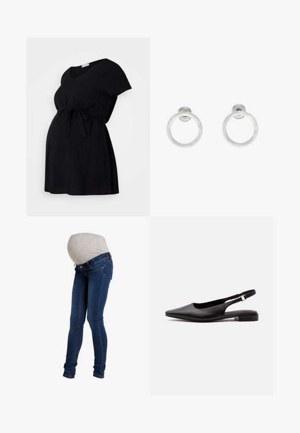 Mustas raseduskleit pehmest kangast, lühikeste varrukatega, V-kaelusega ja reguleeritava vöökohtadega. Lihtne disain, ilma mustriteta.; MAMALICIOUS MLLOLA - Liibuvad teksad - blue denim; Mustast nahast slingback-tasapinnaline king, millel on terav ninaosa ja reguleeritav pandlaga rihm madala kontsaga, valgel taustal.; Hõbedased metallist rõngastooted, millel on harjatud tekstuur, ümmargune disain ja selge tagumine post, tagamaks kindlat kandmist.