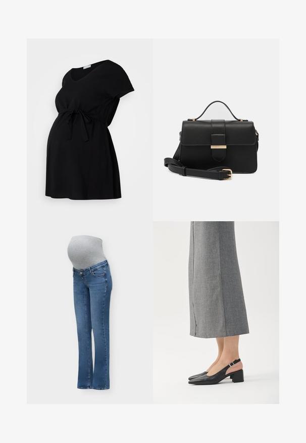 Zwarte zwangerschapsjurk van soepel materiaal, met korte mouwen, V-hals en een koord in de taille voor een verstelbare pasvorm. Eenvoudig ontwerp, zonder patronen.; Blauwe zwangerschapsjeans met een grijze rekbare buikstrook die ontworpen is om comfortabel over een zwangere buik te passen en ondersteuning te bieden.; Zwarte leren slingback schoenen met een puntige neus, blokhak en een contrasterend roze hielaccent. Gladde textuur met een minimalistisch ontwerp.; Zwarte leren handtas met gouden metalen accenten, rechthoekige vorm, flapsluiting, verstelbare schouderriem, soepele textuur, minimalistisch design.